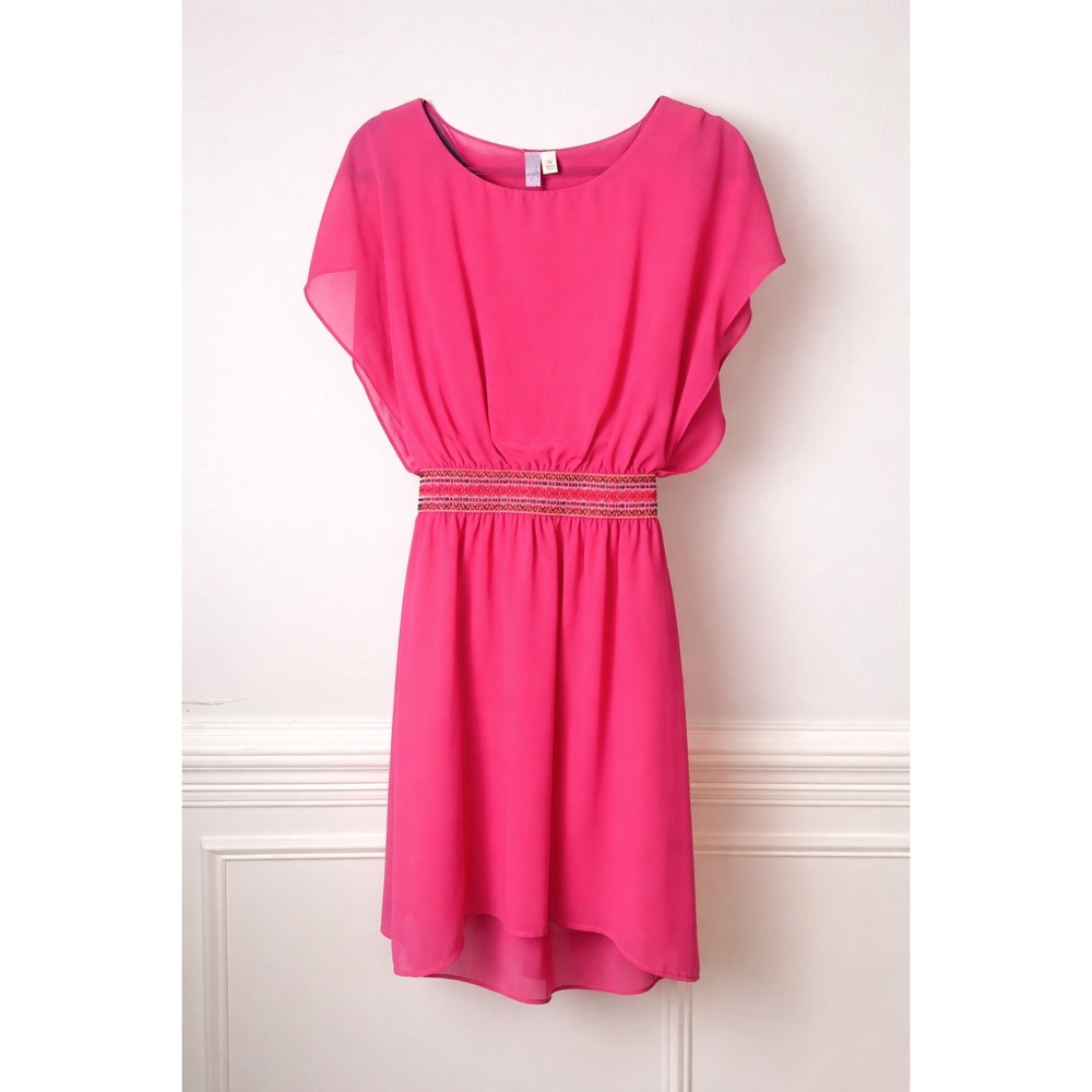 Hot Pink High Low Chiffon Dress Flutter Sleeve Embroidered Waist Midi‎ M